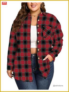Plus Size Flannel Plaid Shirts Long Sleeve Casual Button Down Blouse Top
